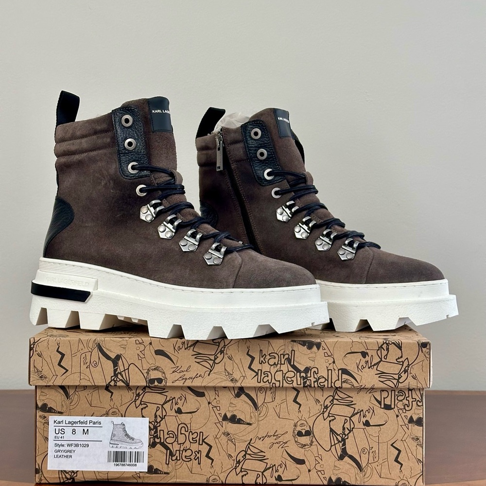 New in the Box Karl Lagerfeld Paris Men’s Suede Hiking Boots, Lug Sole Size 8M